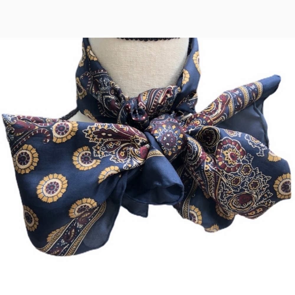 Vintage Paisley 100% Pure Silk Scarf - Navy and Gold